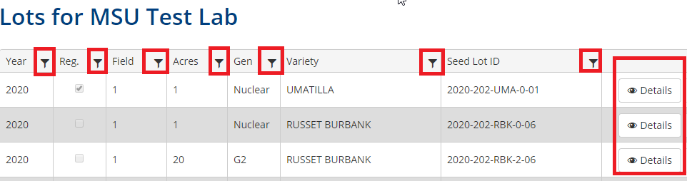 Query and filter seed lots